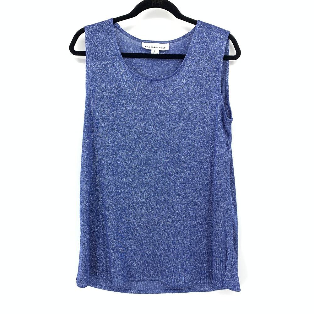 Caroline Rose Scoop-Neck Tank Womens Large Blue Shimmer Metallic Knit Side Slits